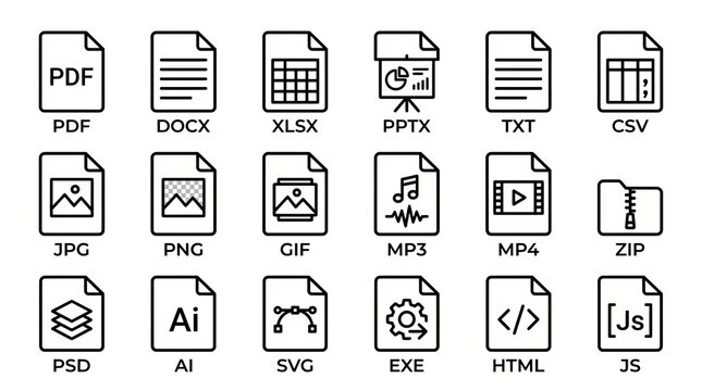 Collection of digital file format icons for various document and media types.
