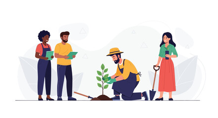 Fototapeta premium Diverse group of people planting a tree together, symbolizing environmentalism, teamwork, and community gardening.