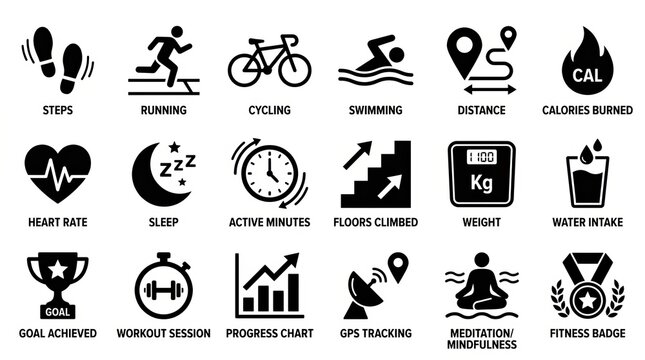 Collection of flat design sports and activity icons for fitness and lifestyle.