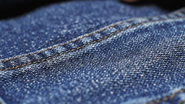 Close-up slow motion of blue denim fabric with visible stitching and textured surface, detailed macro
