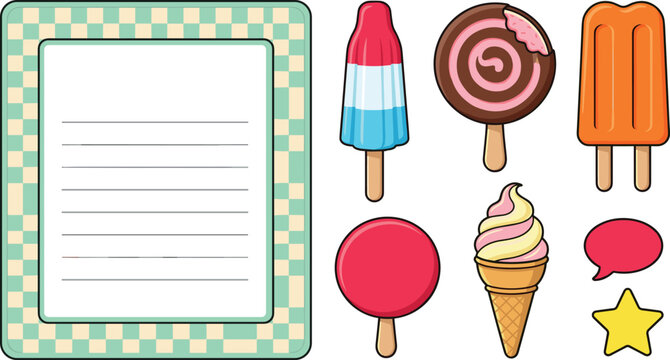 Ice Cream and Popsicle Vector Set with Checkered Menu Card Soft Serve Cone Rocket Pop Star and Speech Bubble Icons for Summer Caf&eacute; Designs