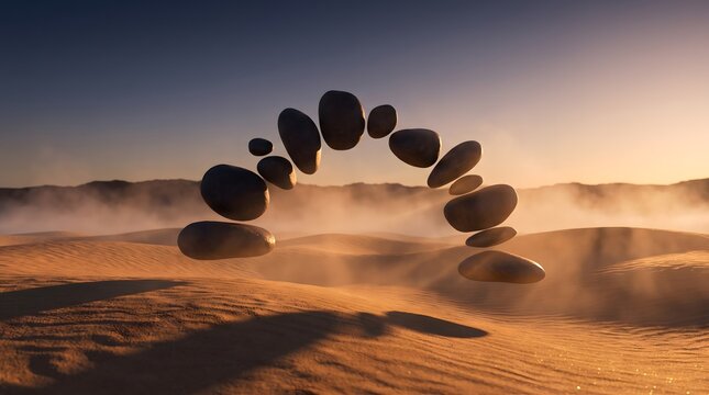 Balanced stones arching over desert dunes at sunset