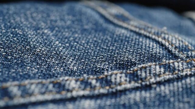 Close up view of the blue denim texture and seams of a pair of jeans, macro details.