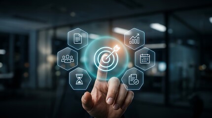 Fototapeta premium Hand interacting with a digital target on a futuristic interface for business goal achievement and strategic planning in a modern office