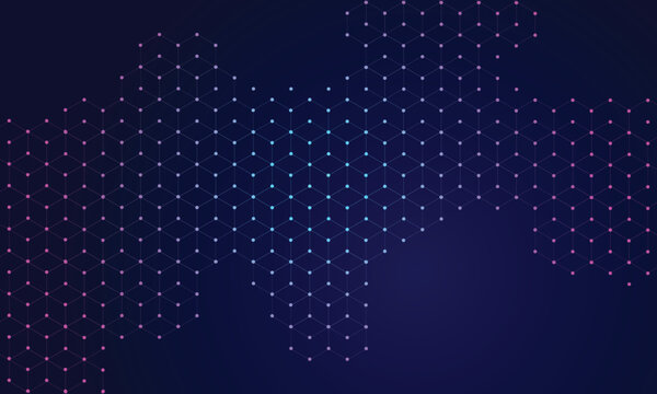 Futuristic Hexagonal Honeycomb Dark Blue Technology Background. Dot Grid with Gradient Cyan and Pink Glowing Nodes for Digital Healthcare, Cloud Computing, and Cyber Security 
