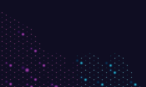 Futuristic Hexagonal Honeycomb Grid with Glowing Pink and Cyan Nodes and Upper Copy Space for Data Science and Digital Healthcare and Dark Blue Technology Background
