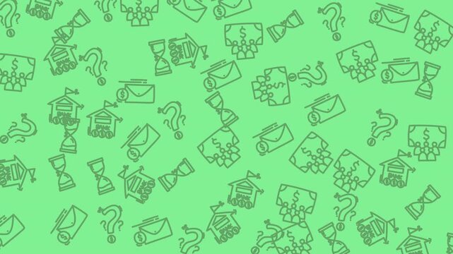 Green background featuring money, schools, question marks, hourglasses, mail envelopes, and icons for financial, educational, or timerelated concepts. Suitable for presentations or websites.