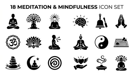 Obraz premium Eighteen Vector Icons Representing Meditation and Mindfulness Practices.