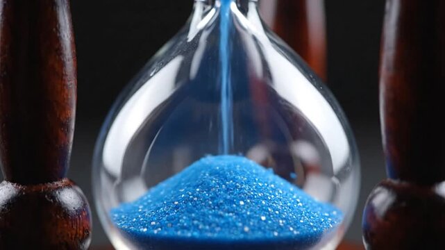 Close-up of a Decorative Hourglass with Blue Sand Flowing from Top to Bottom Against a Dark Background