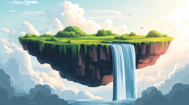 Serene floating island with a cascading waterfall, lush grass and trees drifting above sunlit clouds, birds soaring and a dreamy sense of peaceful wonder