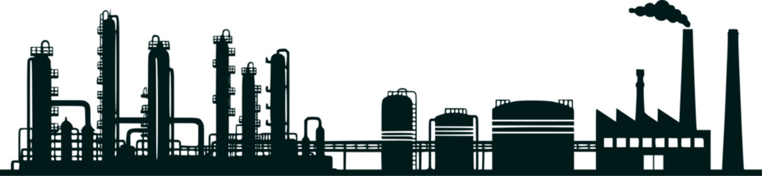 Oil refinery plant silhouette. Black and white vector panorama of an industrial complex with pipes, storage tanks and smoke