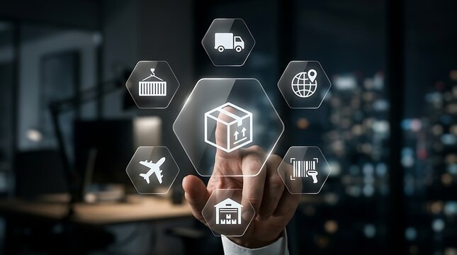 Hand touching a digital hexagonal interface with a box and logistics symbols for international shipping and supply chain management solutions