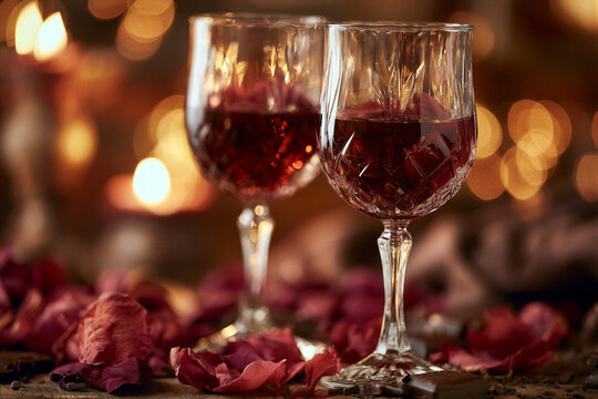 Crystal wine glasses with ruby red wine, fresh rose petals, and dark chocolate under warm cinematic candlelight, featuring soft bokeh and right-side copy space for Valentine's Day promotions.