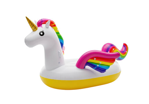 large inflatable unicorn pool float, detailed glossy pvc texture, bright yellow base, golden spiral horn, 3/4 view on transparent studio background. concept for summer fun advertising
