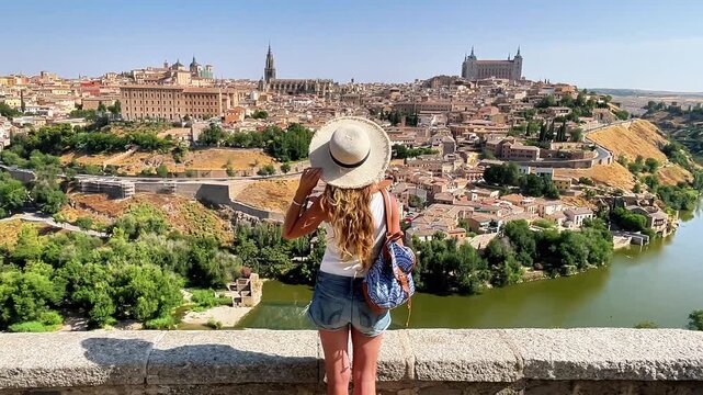 Back view of female tourist with straw hat looking at Toledo historic city panorama in Spain