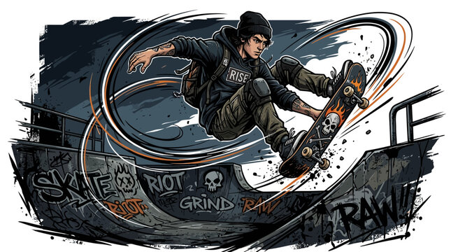 Teenager skateboarder performing trick on ramp with graffiti