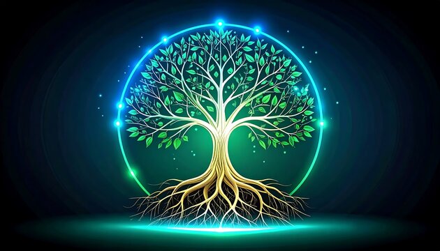 Glowing tree with roots in crystal ball environment.