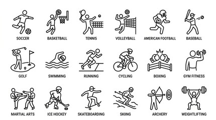 Fototapeta premium Collection of black and white icons representing various sports and fitness activities.