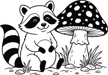 Charming raccoon and spotted mushroom illustration black and white vector © Hosneara