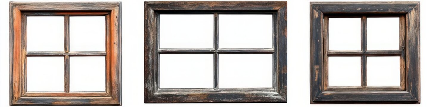 Three weathered wooden window frames with four panes each on a white background, rustic nostalgic mood