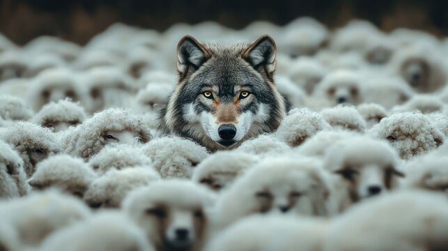 a lone wolf's head emerging from a sea of fluffy white sheep, its intense gaze conveying tension and menace