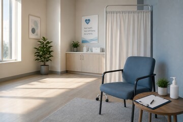Fototapeta premium Quiet workplace clinic corner with privacy screen and empty chair