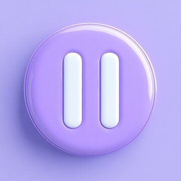 Glossy lavender circular pause button with white double bars centered on soft purple background, minimalist calm modern icon with subtle reflection and shadow
