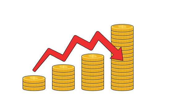 Stacks of gold coins decrease in value as a sharp red arrow points downwards, symbolizing a financial crash.