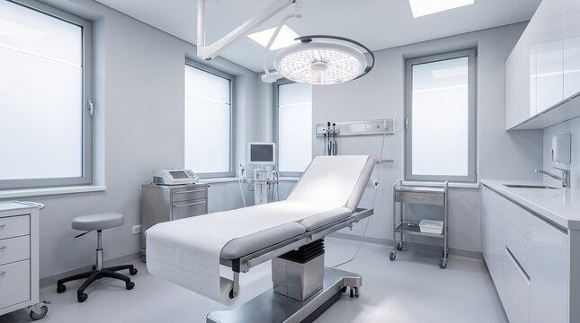 Empty modern operating room interior bright surgical bed examination table complex overhead lighting medical equipment pristine sterile hospital clinic healthcare facility advanced surgery