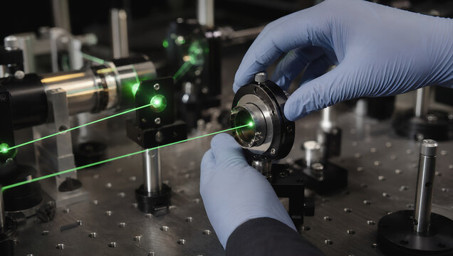 Laser experiment with gloved hands adjusting optical equipment emitting green light in laboratory