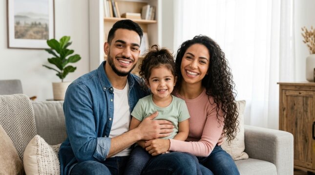 A joyful mixed-race family with a young daughter smiling warmly while posing together on a couch in their cozy home living room.