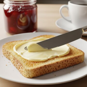 Spreading creamy butter on golden brown toasted bread for breakfast with jam and coffee in background