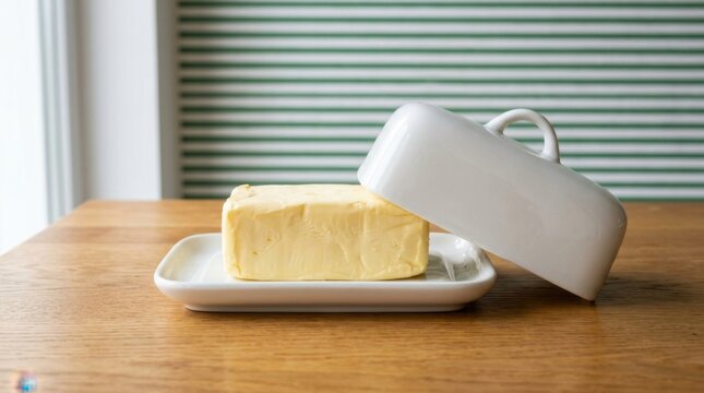 A fresh block of creamy yellow butter resting in a white ceramic butter dish with its lid slightly ajar on a wooden table