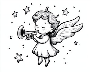 Obraz premium young winged angel child in a simple dress playing a trumpet while floating among stars, peaceful and joyful monochrome line art illustration