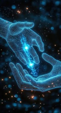 glowing blue wireframe hands reaching toward each other with sparkling particles and light flowing between them, evoking connection, hope, and awe