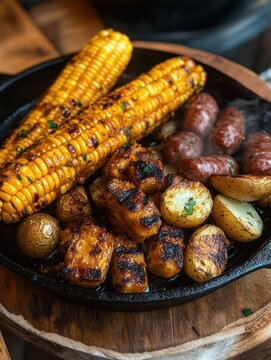 cast-iron skillet of grilled corn on the cob, charred golden cheese cubes, roasted baby potatoes and juicy sausages conveying warm rustic comfort and smoky savory flavor