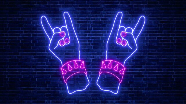 neon lights rock and roll hands gesture sign on brick wall animation , metal and rock live music stream,bar and club signboard social media motion background