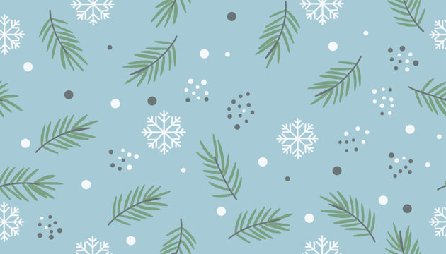 Winter seamless pattern featuring green pine needles, white snowflakes, and snow dots on light blue background.