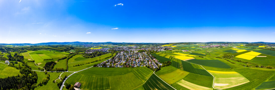Aerial view of rape fields and cornfields near Usingen and Schwalbach, Hesse, Germany