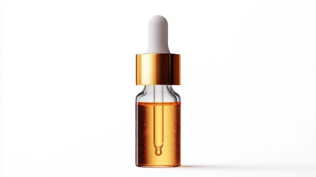 single glass dropper bottle with amber serum, gold metallic cap and white rubber top, clear pipette holding a single droplet, minimalist white background, clean luxurious mood