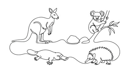オーストラリアの動物たち、カンガルー、コアラ、カモノハシ、ハリモグラの線画イラストセット。野生動物のシンプルでモダンなベクターデザイン。 © Faizan