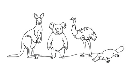 オーストラリアの動物たち、カンガルー、コアラ、エミュー、カモノハシの連続線画イラスト。ミニマルでモダンなデザイン素材、教育コンテンツやウェブデザインに最適。 © Faizan