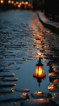 Warm glowing street lamp reflection in rain puddle on cobblestone street at night with soft bokeh light effects creating cozy atmosphere