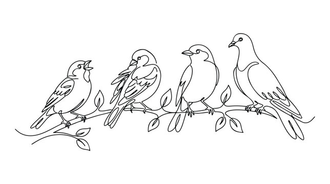 一筆書きで描かれた4羽の鳥と枝のミニマルな線画イラスト、シンプルでエレガントな鳥の群れのベクターアート、自然と動物をテーマにしたデザイン素材