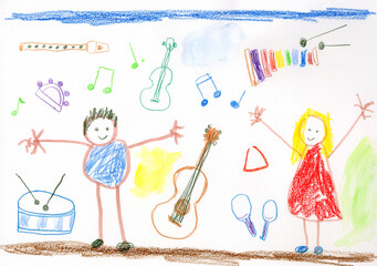 Colorful child's drawing of musical instruments and music notes
