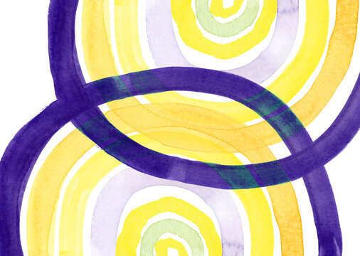 Abstract watercolor painting with intertwined yellow and purple arcs