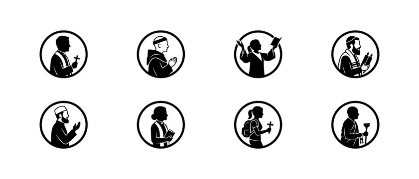 Religious leaders and spiritual diversity circle icons featuring priest monk nun rabbi imam and various believers holding sacred items representing different faiths and global belief systems.
