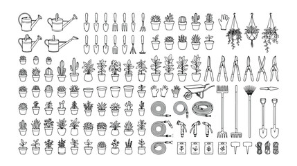 ガーデニングツールと植物のモノクロ線画ベクターアイコンセット、園芸用品、鉢植え、サボテン、多肉植物のイラストコレクション、庭仕事や家庭菜園に最適なデザイン素材 © Faizan