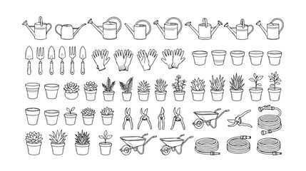 ガーデニング用品と植物のモノクロ線画ベクターセット、水やり、植え替え、手入れに使う園芸ツールと鉢植えのコレクション、庭仕事や家庭菜園のアイコン素材 © Faizan