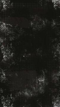 Abstract Vertical black backdrop with grunge, grids, grain noise overlay. Vintage hand drawn motion graphic backdrop with dirty dust particles and free space. Alpha channel